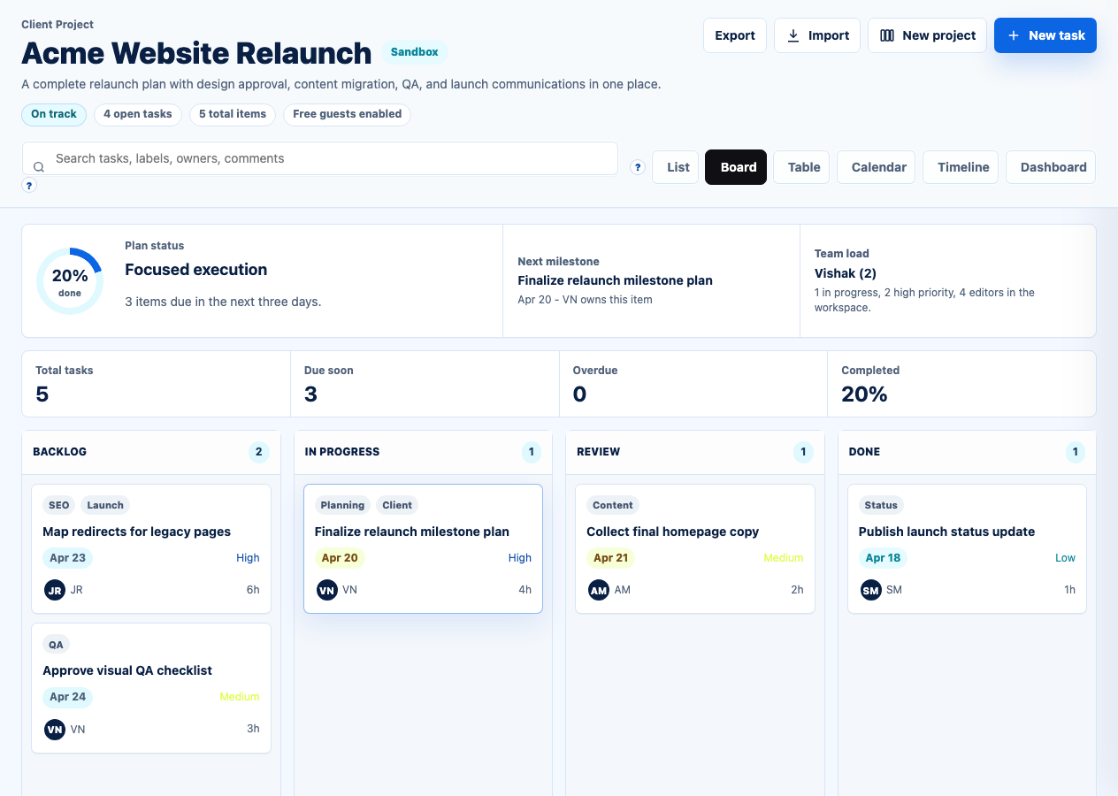 Kellasa Kanban board showing project task cards across status lanes